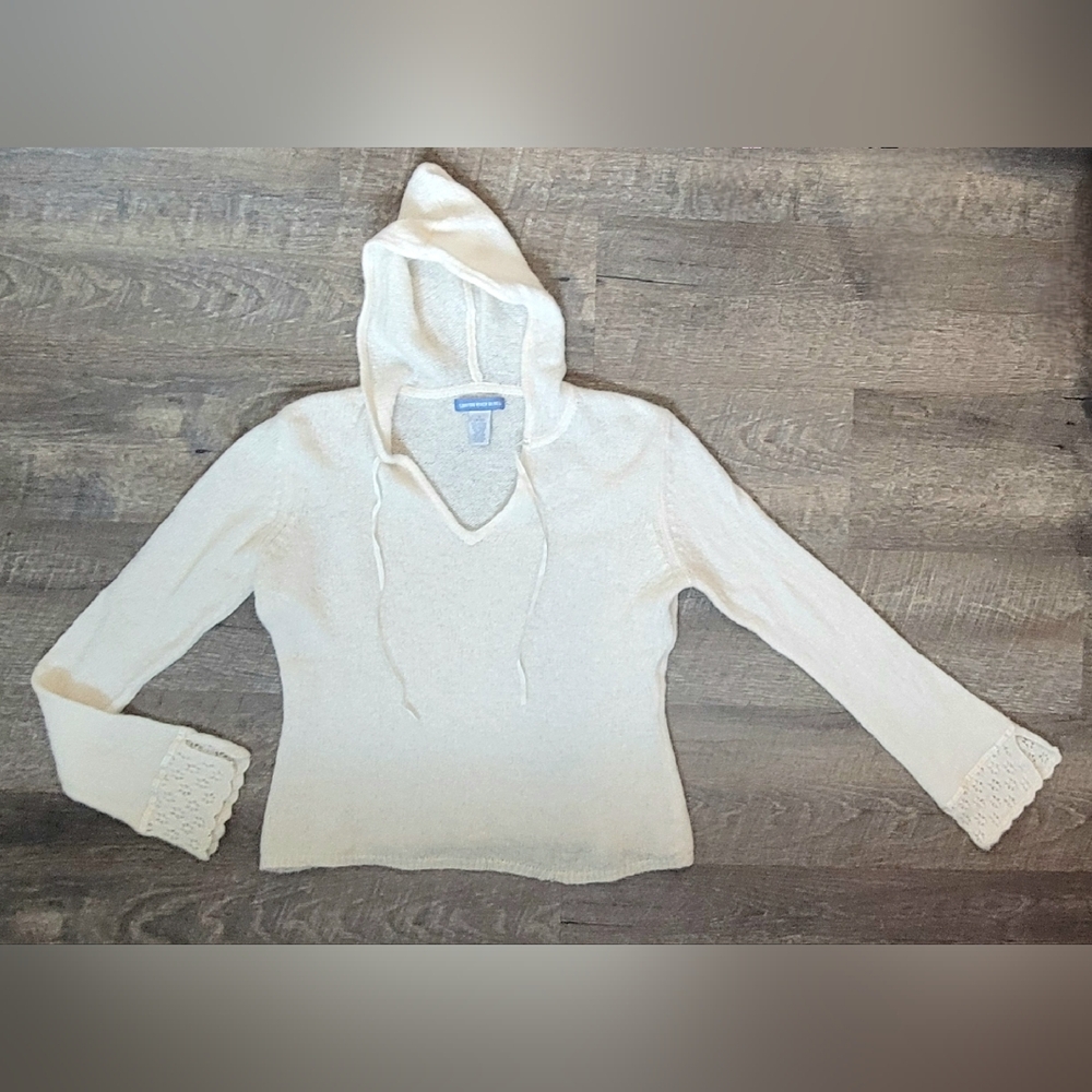 Y2K Hooded Babydoll Sweater Womens L Ivory Open Knit Bell Sleeve Wool Blend Cozy - Picture 6 of 10